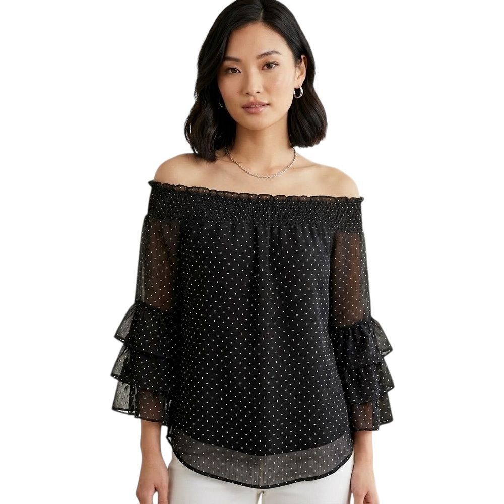 CeCe Black Off Shoulder Ruffle Sleeves Blouse